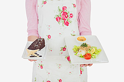 女孩,围裙,拿着,盘子,糕点,健康,食物,上方,白色背景