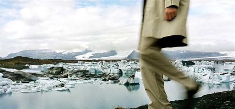 一个,男人,走,靠近,冰河,冰岛