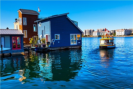 水上住宅,乡村,水上出租车,蓝色,船屋,渔人码头,反射,内港,维多利亚,温哥华,不列颠哥伦比亚省,加拿大