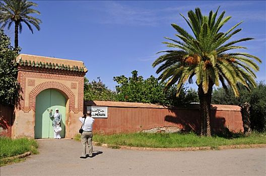 摩洛哥人,伴侣,照相,入口,花园,玛拉喀什,摩洛哥,非洲
