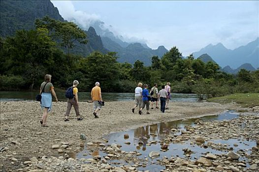 走,河,靠近,万荣,老挝