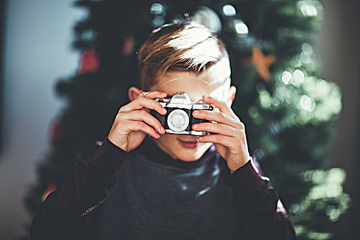 男孩,照相,圣诞树,背景