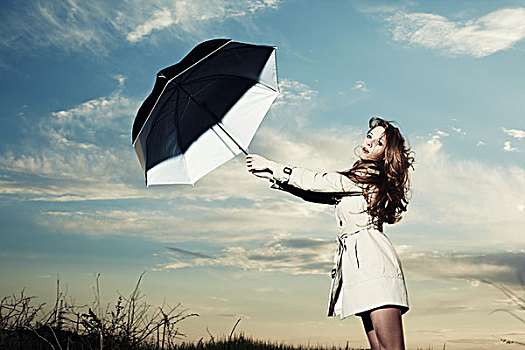时尚,头像,优雅,女人,雨衣,自然,伞