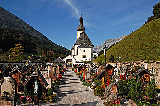 墓地,教区教堂,背影,拉姆绍,上巴伐利亚,德国,欧洲
