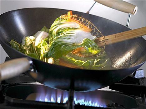 蔬菜,锅,上方,气体,火焰