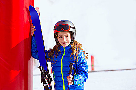 儿童,女孩,冬天,雪,滑雪装备,头盔,护目镜,杆