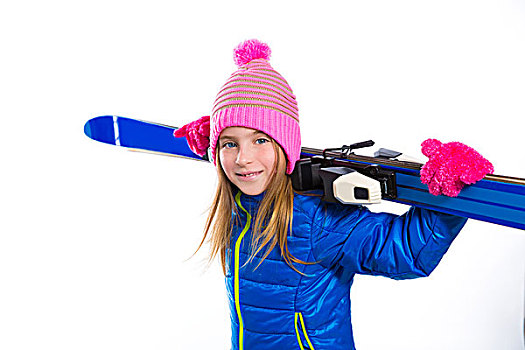 金发,儿童,女孩,冬天,雪,拿着,滑雪装备,粉色,毛织品,帽子