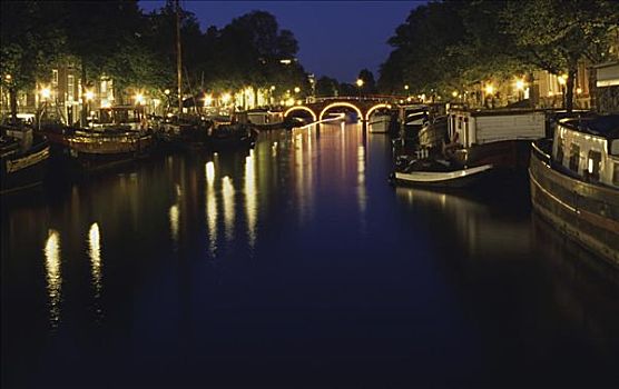 运河,夜晚,阿姆斯特丹,荷兰