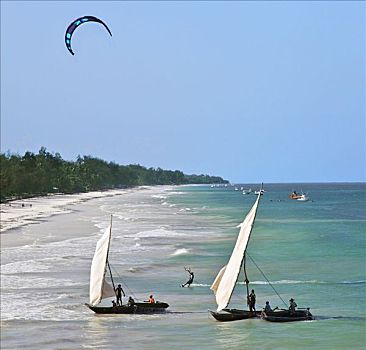 肯尼亚,蒙巴萨,风筝冲浪手,独木舟,海滩,流行,旅游,南海岸