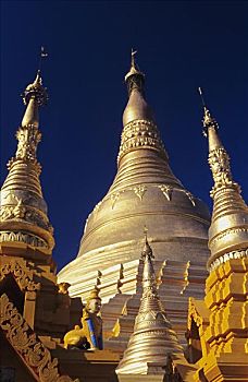 缅甸,仰光,瑞光大金塔,特写,三个,金色,尖顶,阳光