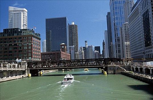 桥,芝加哥河,船,高层建筑,驾驶,芝加哥,伊利诺斯,美国,北美