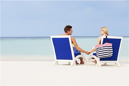 海滩,夫妻,放松,椅子