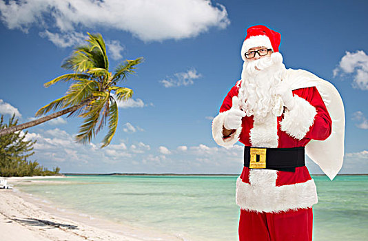圣诞节,休假,手势,旅行,人,概念,男人,服饰,圣诞老人,包,展示,竖大拇指,上方,热带沙滩,背景