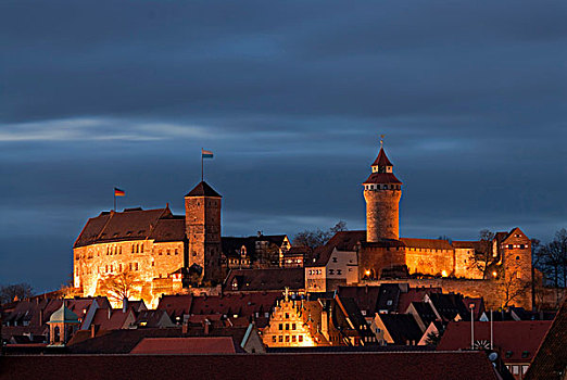 皇家,城堡,纽伦堡,黄昏,中间,弗兰克尼亚,巴伐利亚,德国,欧洲
