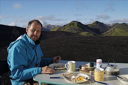 户外,早餐,火山口,火山,冰岛
