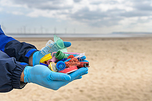 男人,拿着,塑料制品,污染,收集,海滩,东北方,英格兰,英国