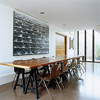 绘画,墙壁,就餐区,长,支架,桌子,简单,复古,椅子