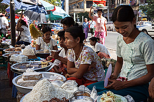 女人,销售,食物,路边,货摊,仰光,缅甸,亚洲
