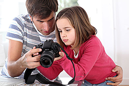 父亲,教育,小女孩,使用,摄影