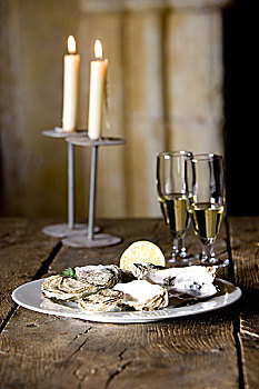 桌子,银,盘子,牡蛎,香槟,烛光,静物,特写