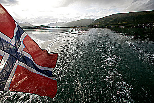 挪威,特罗姆瑟,区域,航行,夏天,峡湾,室外,旗,飘扬