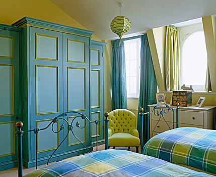 相似,卧室,顶端,房子,青绿色,黄色