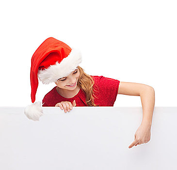 圣诞节,休假,广告,概念,高兴,女孩,孩子,圣诞老人,帽子,指向,留白,白板