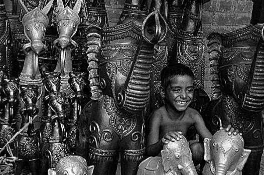 男孩,雕塑,传统,马,西孟加拉,印度,七月,2005年