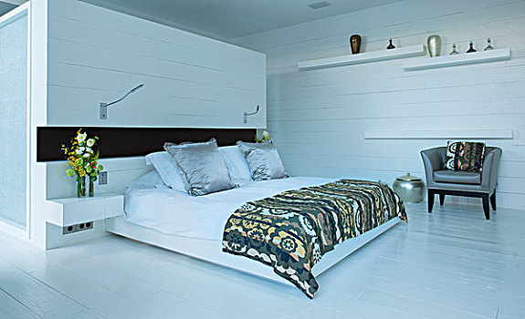 白色,卧室,木墙,地面