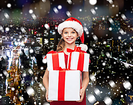 休假,礼物,圣诞节,孩子,人,概念,微笑,小女孩,圣诞老人,帽子,礼盒,上方,雪,夜晚,城市,背景