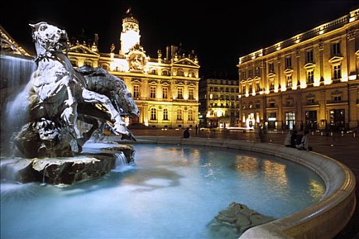 法国,里昂,夜晚,喷泉,市政厅
