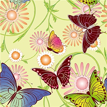 抽象,春天,彩色,花,蝴蝶,无缝,图案