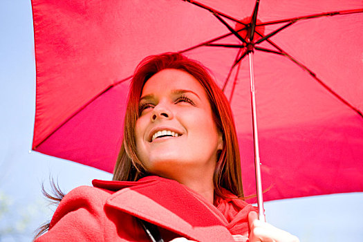 头像,年轻,女人,拿着,伞,微笑