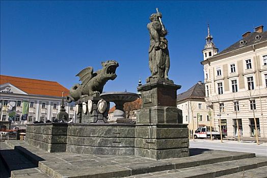 喷泉,雕塑,龙,攻击,一个,男人,克拉根福,卡林西亚,奥地利