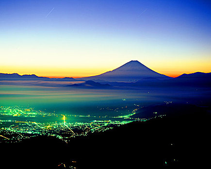 夜景,黎明,山,富士山