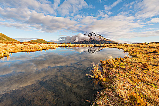 反射,山中小湖,层状火山,塔拉纳基,艾格蒙特国家公园,新西兰,大洋洲