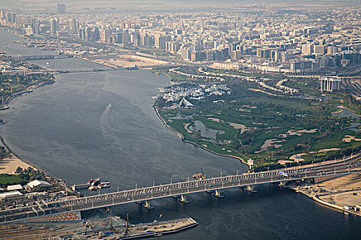阿联酋,迪拜,俯视,迪拜河,高尔夫球场,桥