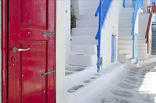 红色,木门,楼梯,阶梯,栏杆,米克诺斯岛,基克拉迪群岛,希腊,欧洲