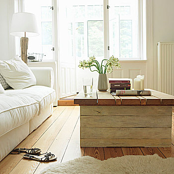 diy,茶几,粗厚,木板,舒适,白色,沙发,正面,敞门,温室