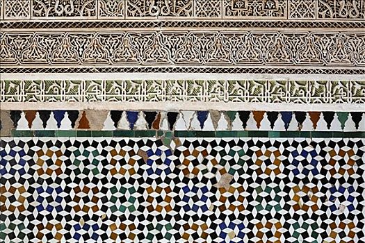 墙壁,装饰,粉饰灰泥,工作,镶嵌图案,砖瓦,历史,马拉喀什,摩洛哥,非洲