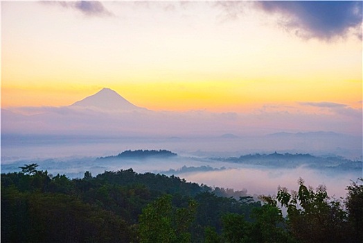 日出,上方,火山,婆罗浮屠,印度尼西亚