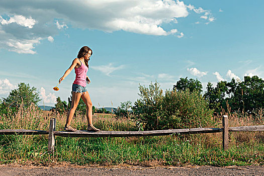 青少年,女孩,平衡性,木质,栅栏