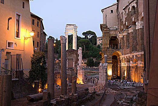 夜晚,庙宇,阿波罗,剧院,罗马,意大利,欧洲