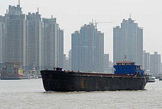 货船,驳船,运输,黄浦江,正面,中国,高层建筑,上海,亚洲