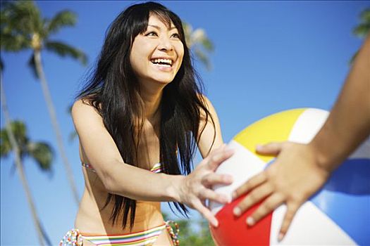 年轻,日本人,女孩,玩,水皮球