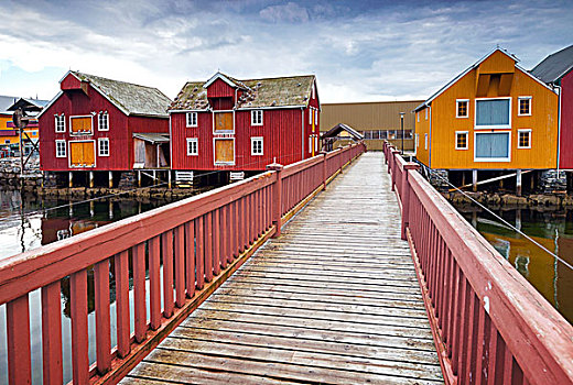 木桥,彩色,房子,沿岸,挪威,渔村