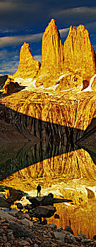 塔,反射,日出,托雷德裴恩国家公园,巴塔哥尼亚,智利