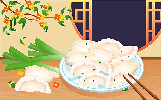 冬至节气吃饺子庆祝冬季过年团圆美食插画