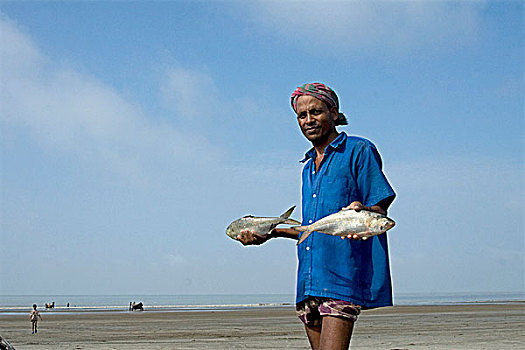 渔民,展示,抓住,海滩,孟加拉,911事件,2009年,女儿,海洋,一个,自然,斑点,全景,上升