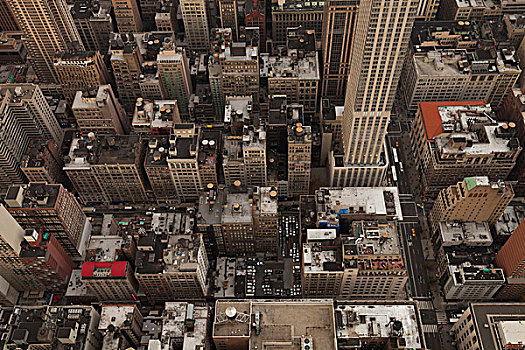 俯视,摩天大楼,高层建筑,一起,曼哈顿,街道,上面,帝国大厦